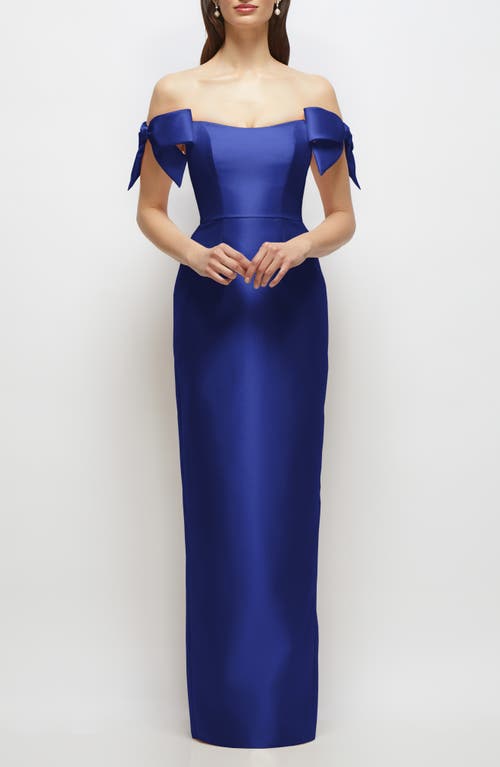 Alfred Sung Off The Shoulder Satin Column Gown In Blue