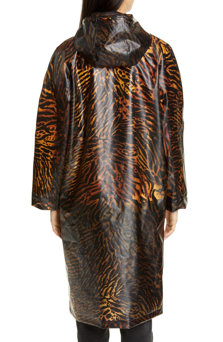 Ganni Tiger Print Water Resistant Biodegradable Raincoat, Alternate, color, 