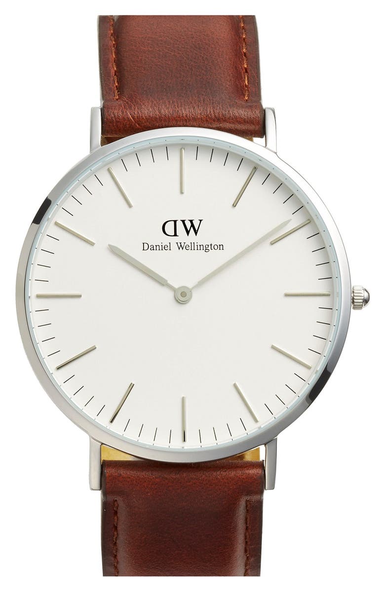 Daniel Wellington 'Classic St. Mawes' Leather Strap Watch, 40mm, Main, color, Brown/ Silver
