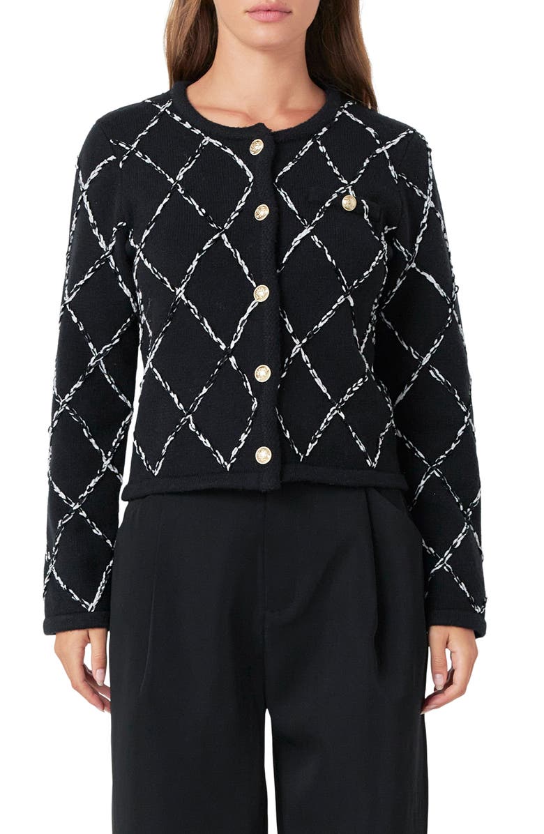 Endless Rose Diamond Pattern Cardigan, Main, color, Black