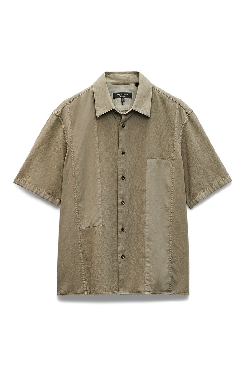Dalton Mixed Media Patchwork Short Sleeve Button-Up Shirt, Alternate, color, BURNT OLIVE