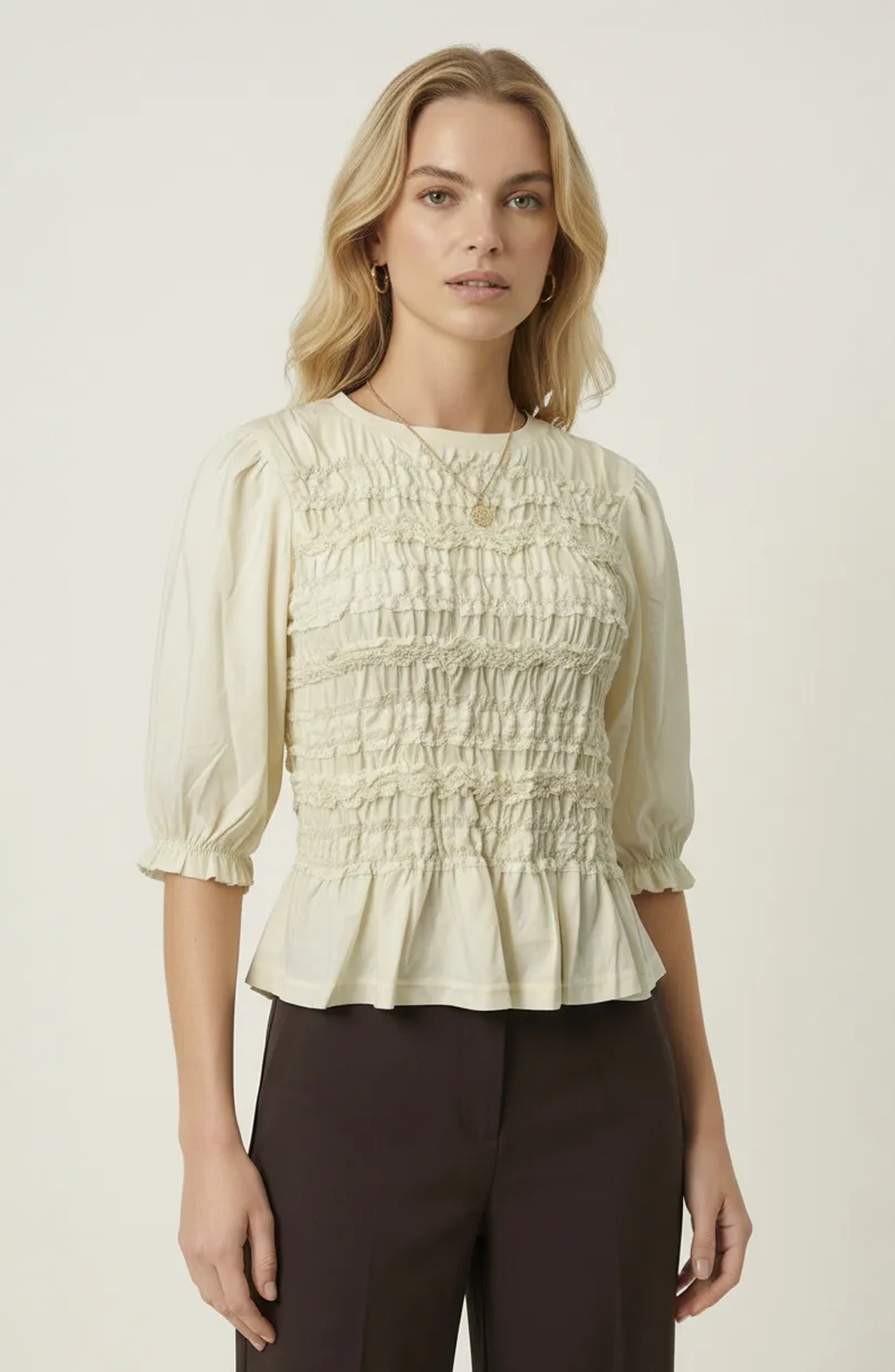 Smocked Peplum Puff Sleeve Blouse - image 3