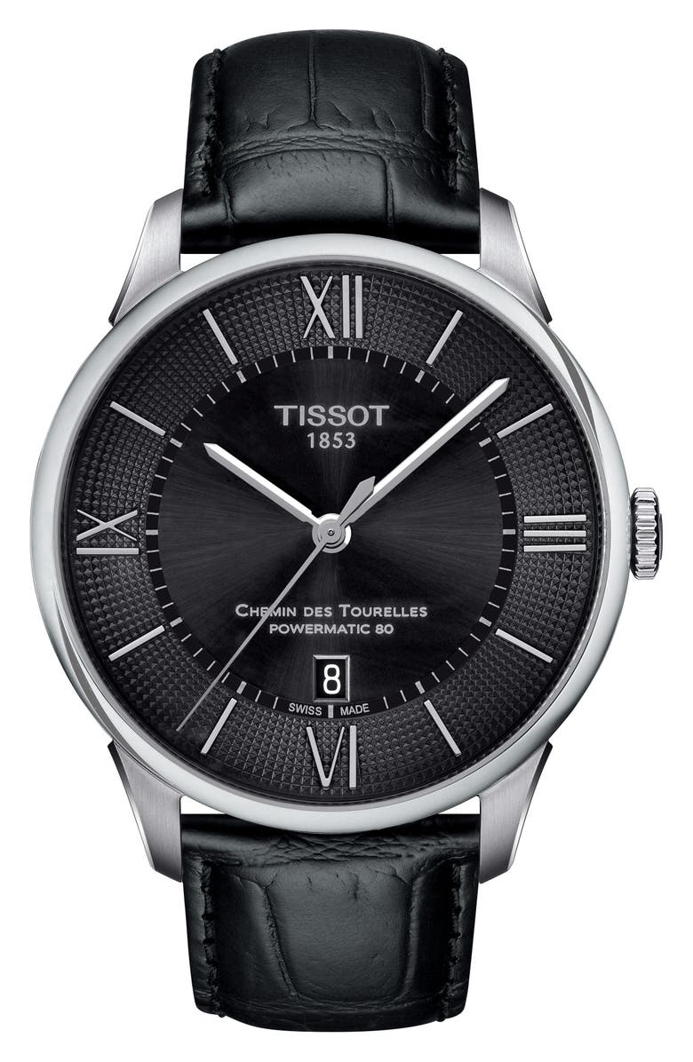 Tissot Chemin Des Tourelles Automatic Leather Strap Watch, 42mm, Main, color,