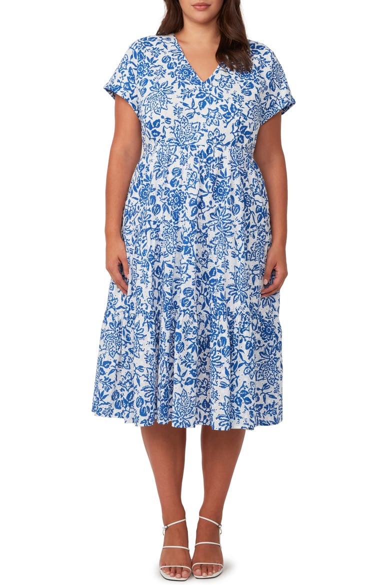 Cote Dazur Embroidered Midi Dress, Main, color, MILK/ AZURE