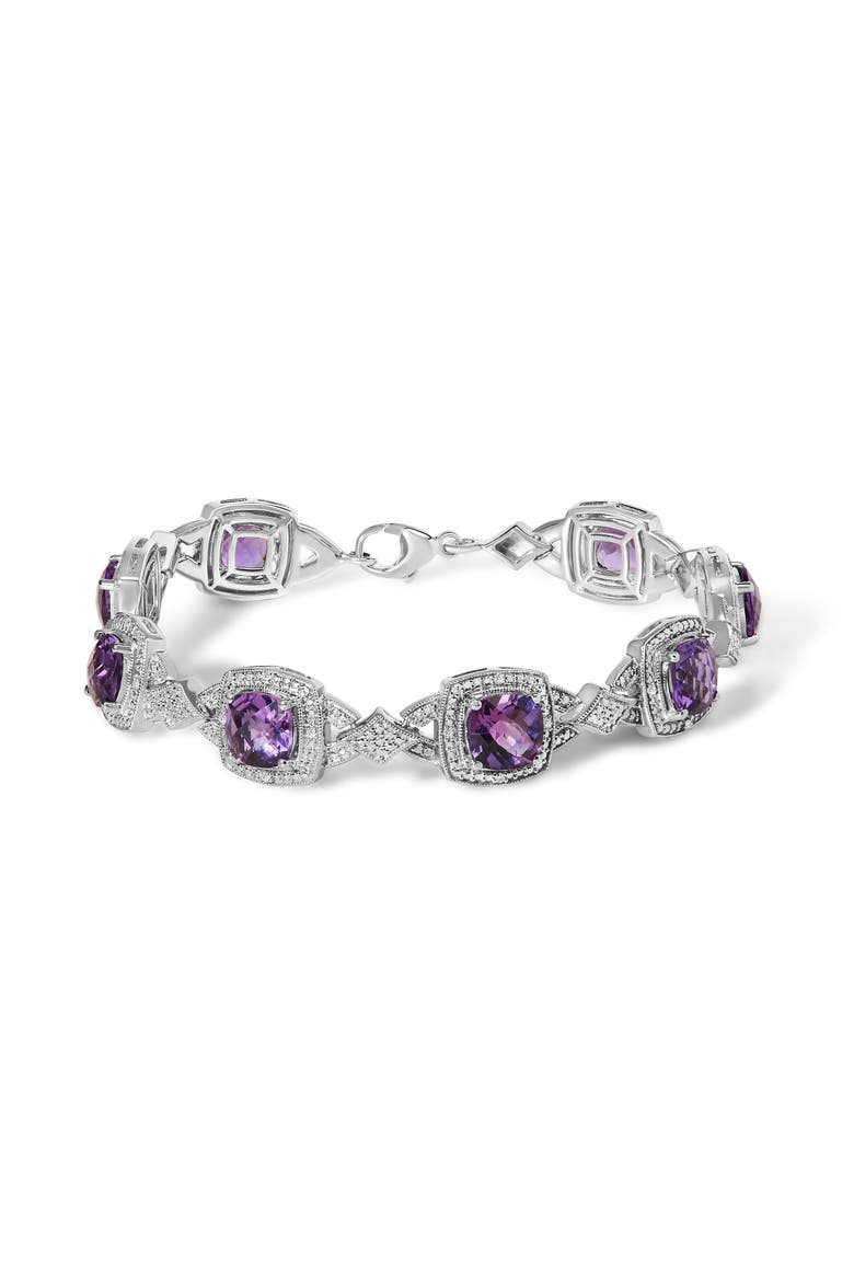 Sterling Silver Cushion-Cut Purple Amethyst & Diamond Vintage Halo Link Bracelet, Main, color, Silver