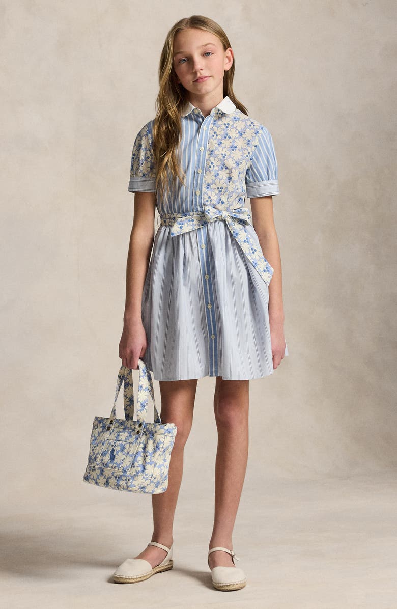 Polo Ralph Lauren Kids' Mixed Print Cotton Shirtdress, Alternate, color, Blue Multi