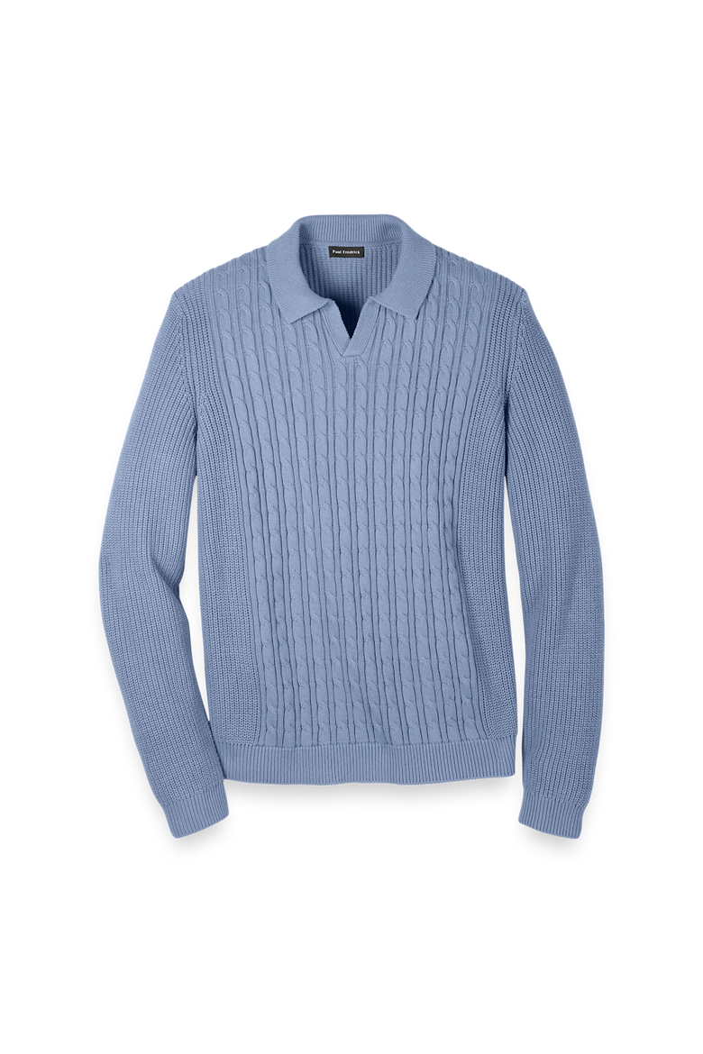 Cotton Cable V-neck Polo, Main, color, Blue