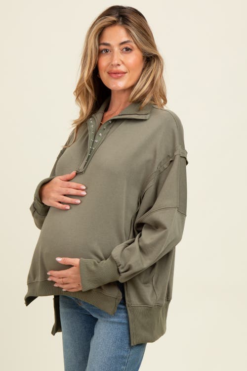 Pinkblush Snap Button Pullover Henley Sweatshirt In Green