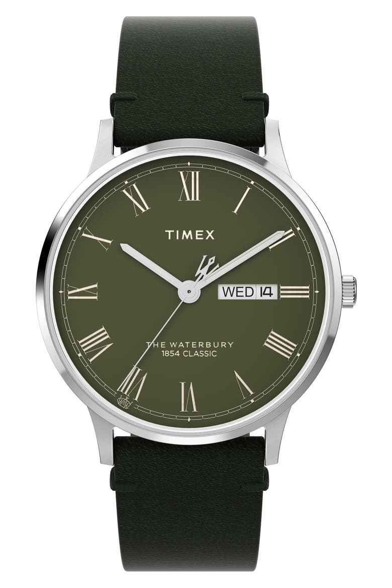 Waterbury Leather Strap Watch, 40mm, Main, color, GREEN
