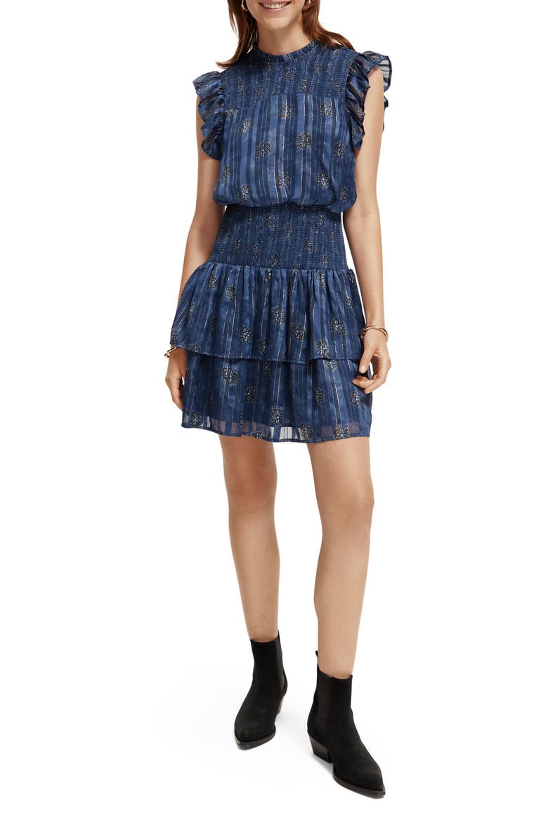 Metallic Smocked Waist Minidress, Main, color, 6380-B SIDES MOTIF MARINE