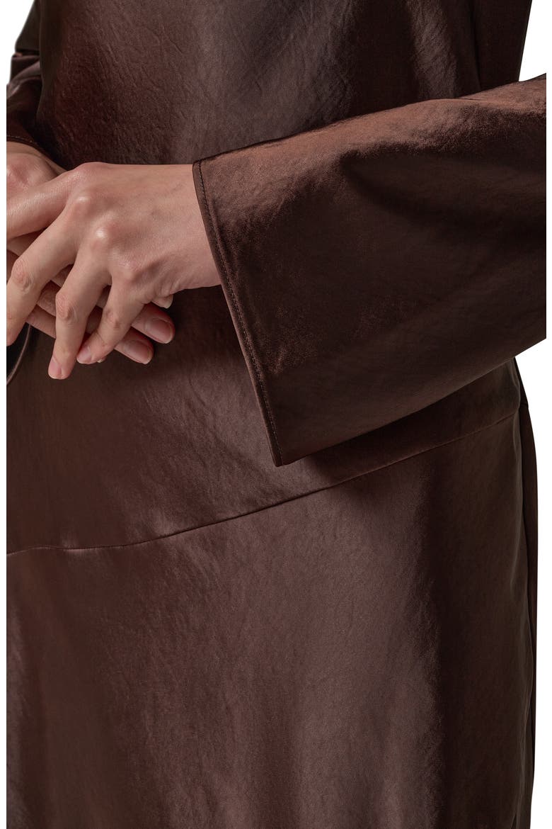 Long Sleeve Draped Neck Satin Dress, Alternate, color, ESPRESSO