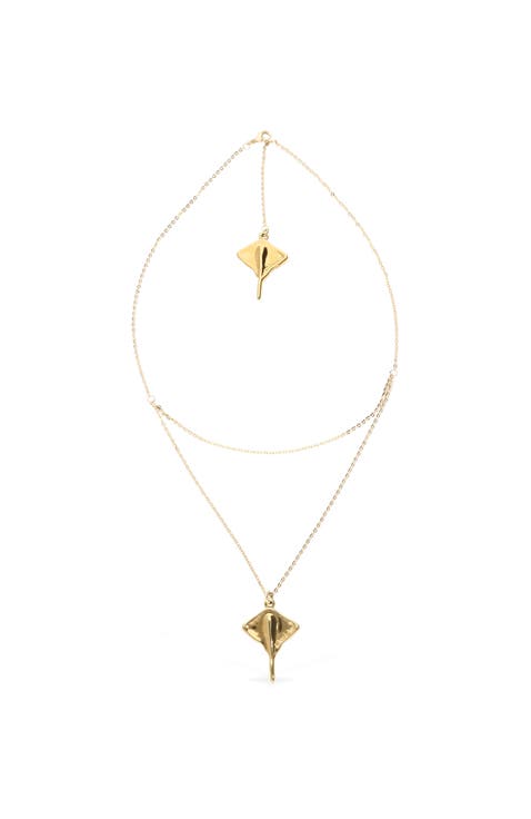 Short Double Chain Pendant Plated in 18K Gold with Manta Ray