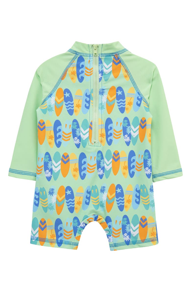 Little Me Surf Colorblock Long Sleeve UPF 50+ One-Piece Rashguard Swimsuit, Alternate, color, Green