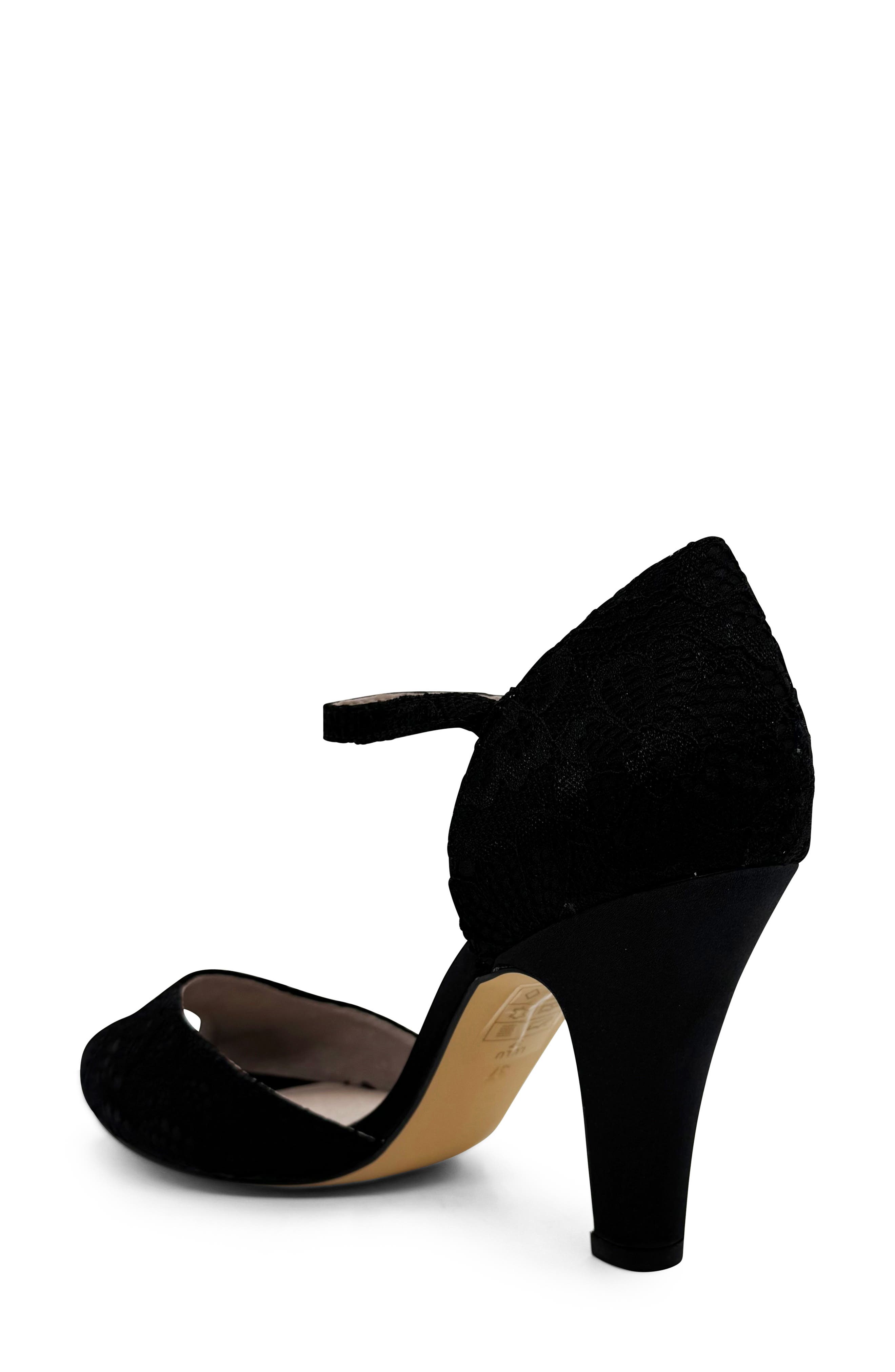 CHELSEA CREW Lulu Ankle Strap Peep Toe Pump, Alternate, color, Black Lace/ Satin