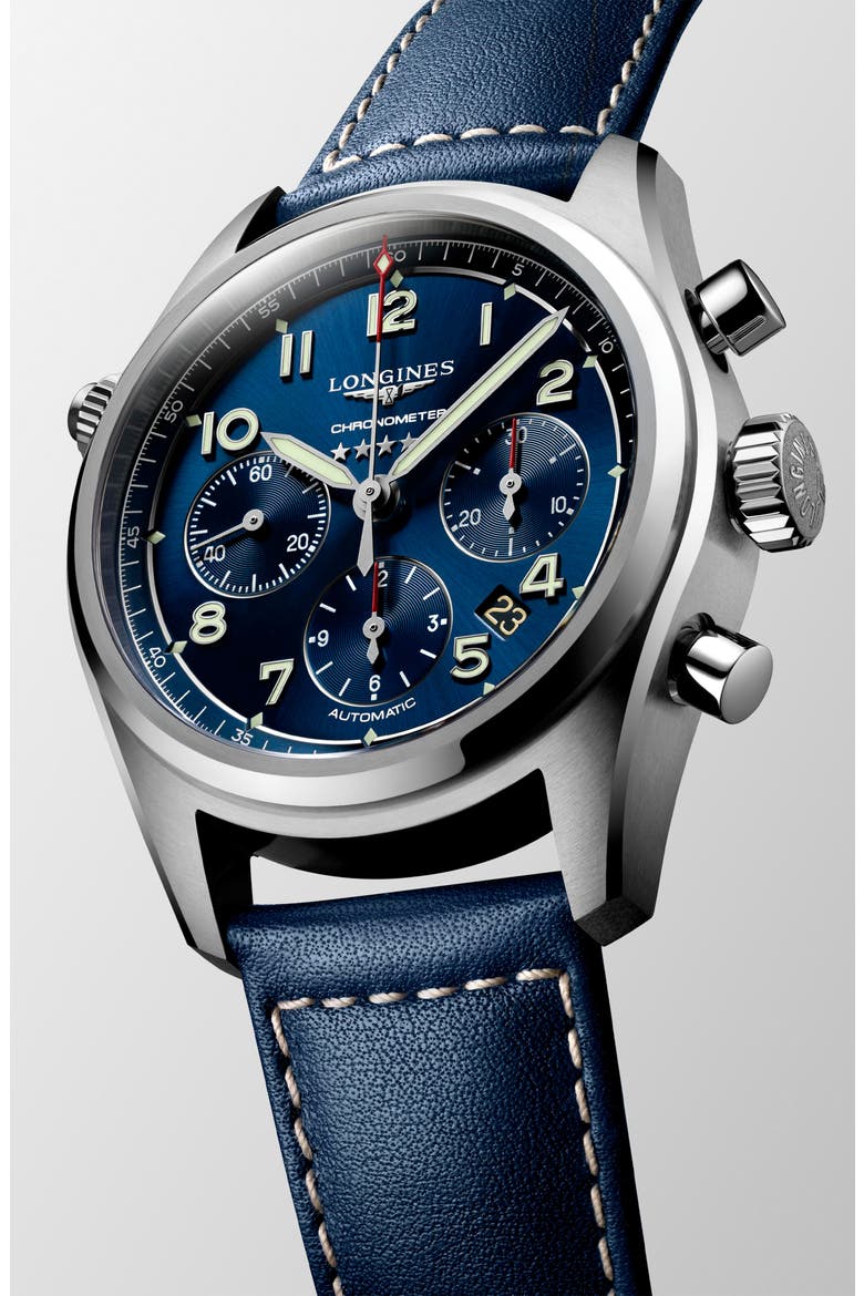 Spirit Automatic Chronograph Leather Strap Watch, 42mm, Alternate, color, BLUE/ SILVER