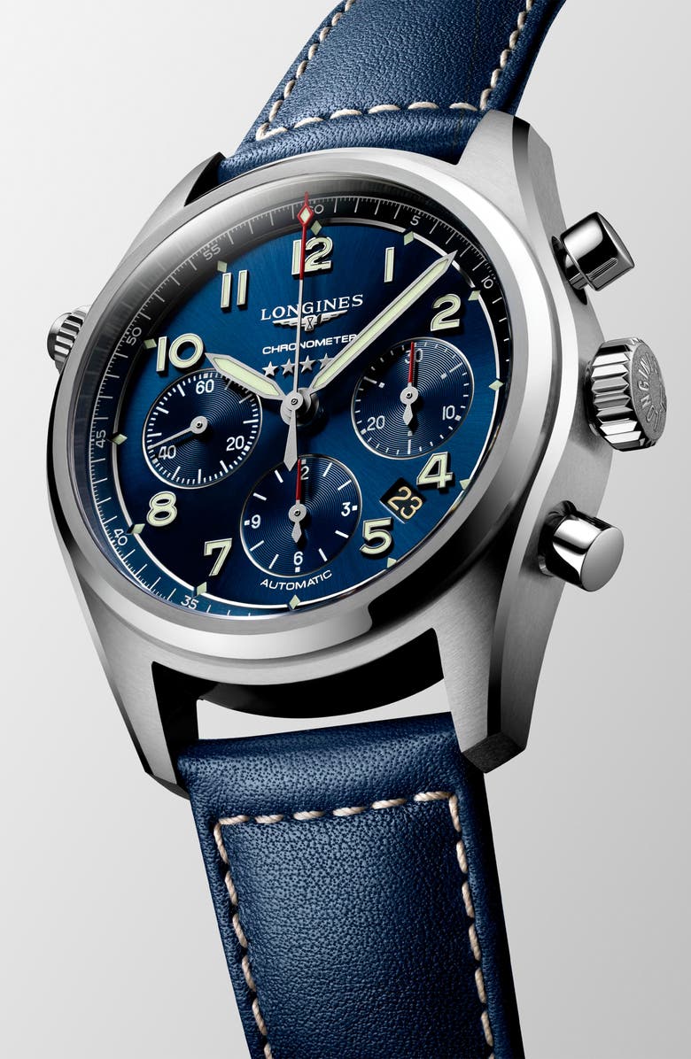 Longines Spirit Automatic Chronograph Leather Strap Watch, 42mm, Alternate, color, Blue/ Silver