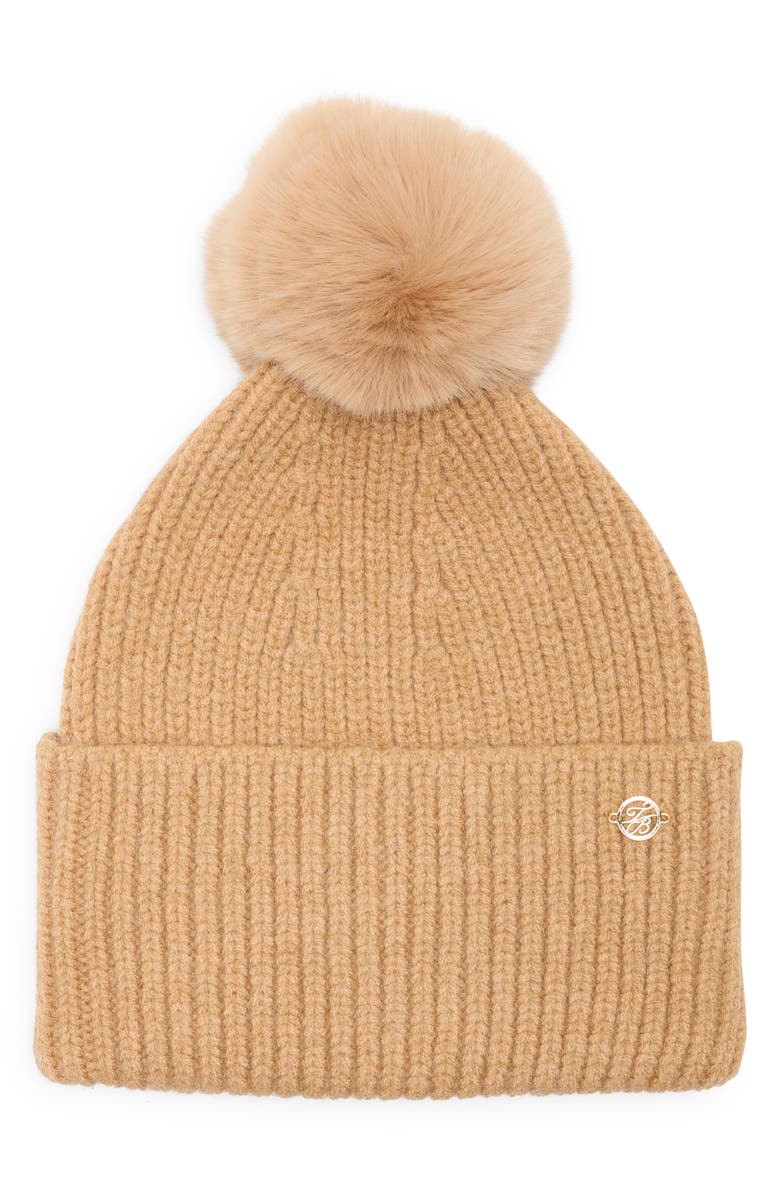 Ted Baker London Faux Fur Pompom Cuffed Beanie, Main, color, Camel