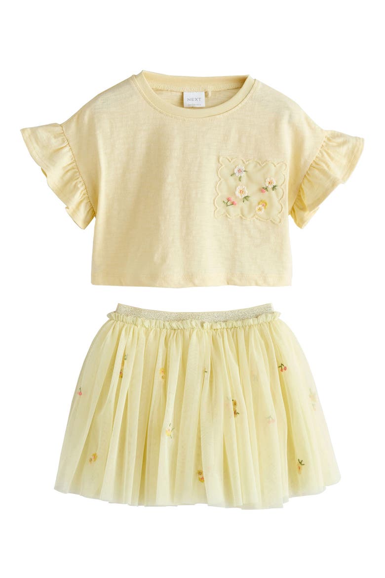 Kids' Flower Embroidered Ruffle Sleeve Shirt & Tulle Skirt Set, Main, color, YELLOW