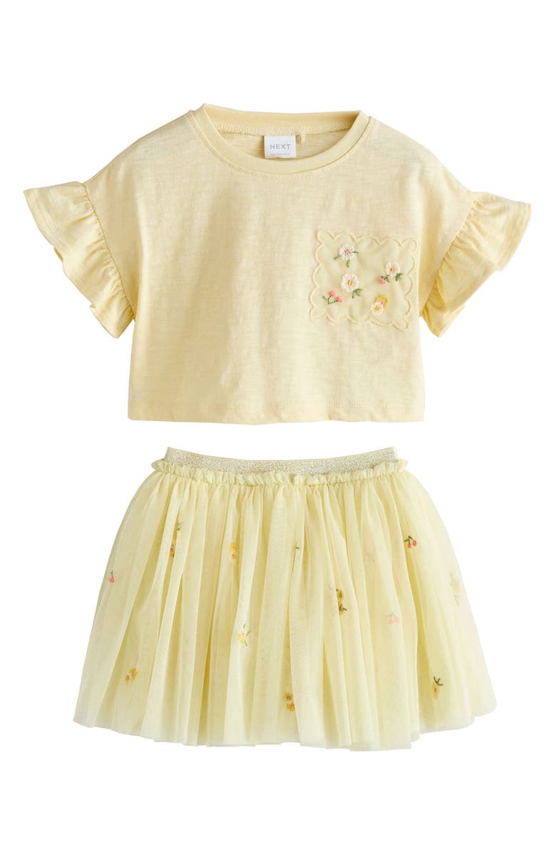 NEXT Kids' Flower Embroidered Ruffle Sleeve Shirt & Tulle Skirt Set, Main, color, Yellow