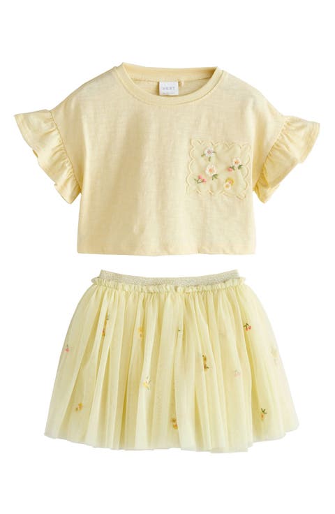 Kids' Flower Embroidered Ruffle Sleeve Shirt & Tulle Skirt Set (Baby, Toddler & Little Kid)