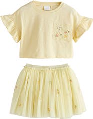 NEXT Kids' Flower Embroidered Ruffle Sleeve Shirt & Tulle Skirt Set