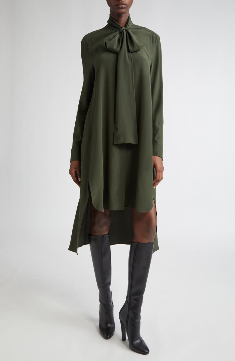Michael Kors Collection Tie Neck Long Sleeve Silk Crêpe de Chine Shirtdress, Main, color, Bottle