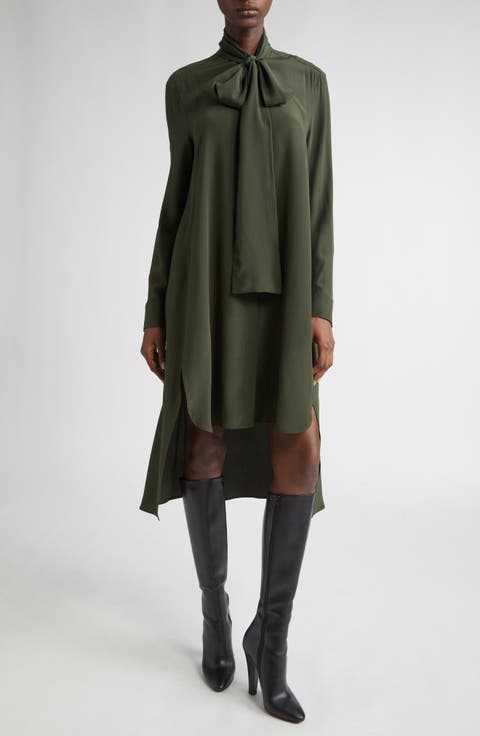 Tie Neck Long Sleeve Silk Crêpe de Chine Shirtdress