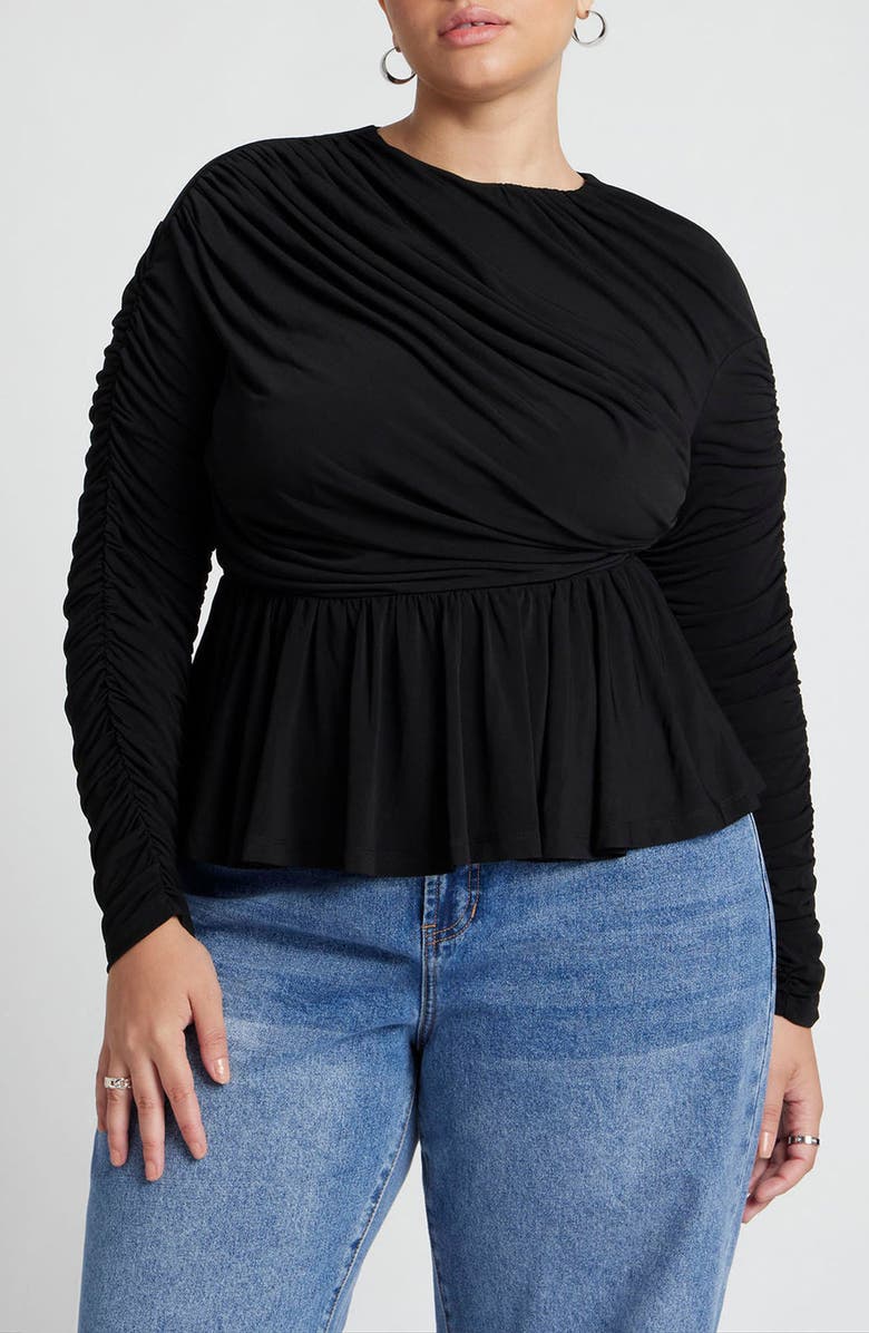 ELOQUII Ruched Matte Jersey Peplum Top, Main, color, 