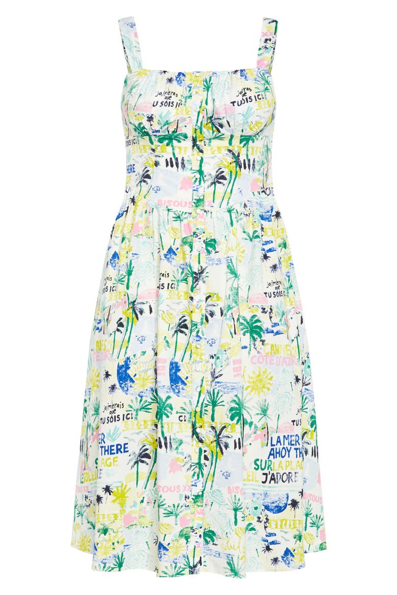 Almay Square Neck Button Front Stretch Cotton Sundress, Alternate, color, GREEN POSTCARDS