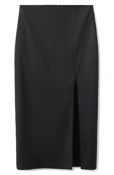 Stretch Linen & Cotton Blend Midi Skirt