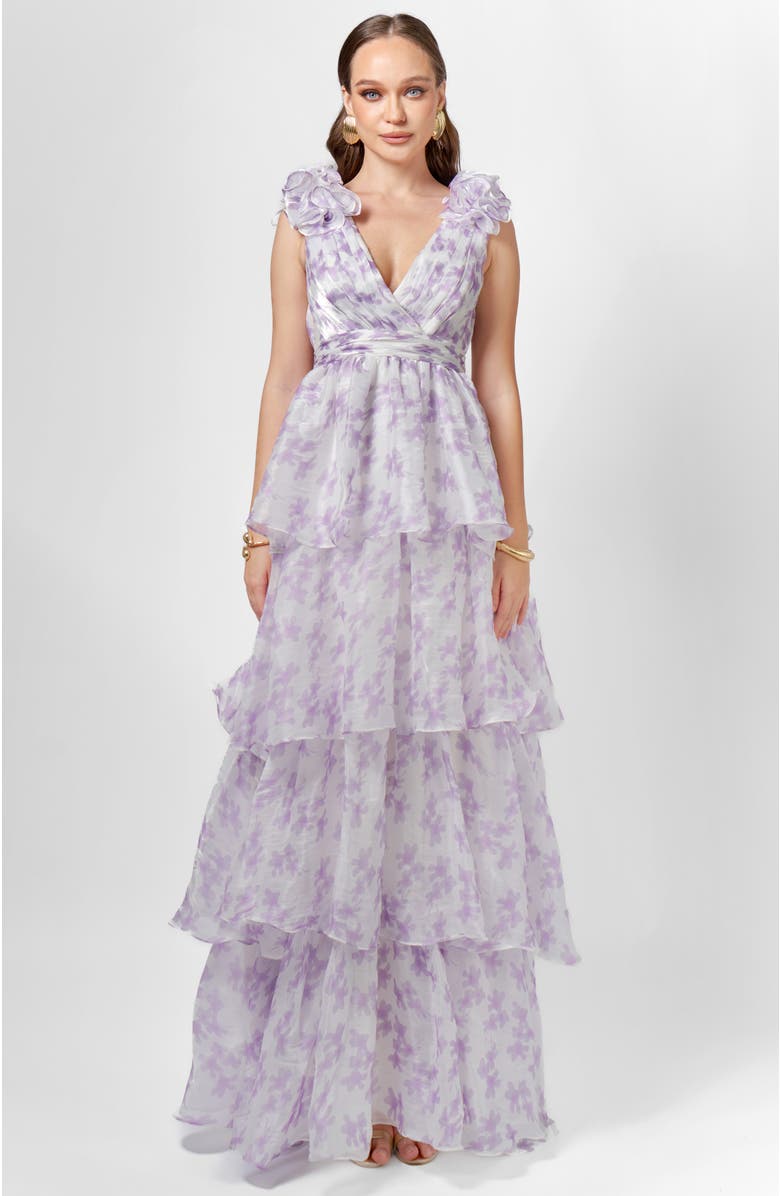 Bariano Violeta Tiered Print Gown, Main, color, Lilac Print