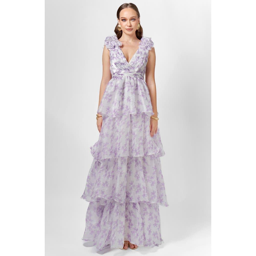 Bariano Violeta Tiered Print Gown In Purple