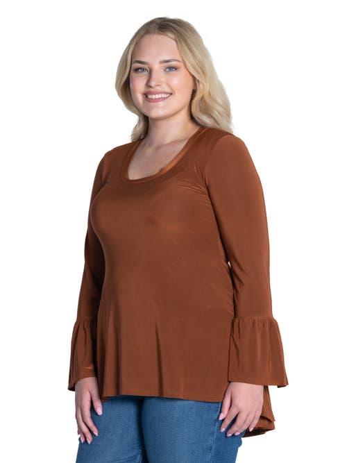24seven Comfort Apparel Plus Size Long Bell Sleeve High Low  Tunic Top In Brown