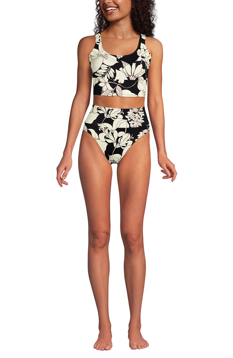 Lands' End Tugless Tankini Top and High Waisted Bottom Swimsuit Set, Main, color, Black/Egret Lilies