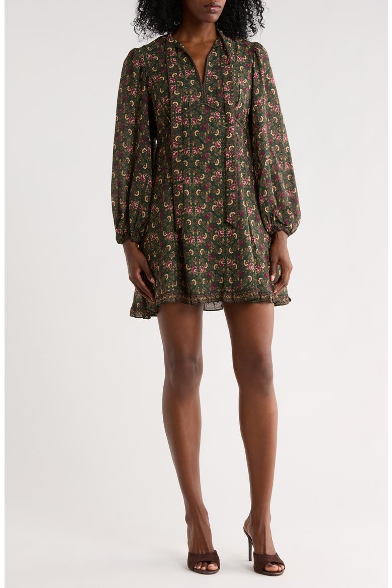 Tie Neck Long Sleeve Dress, Main, color, DKGRPBOC-DARK GREEN/ PURPLE