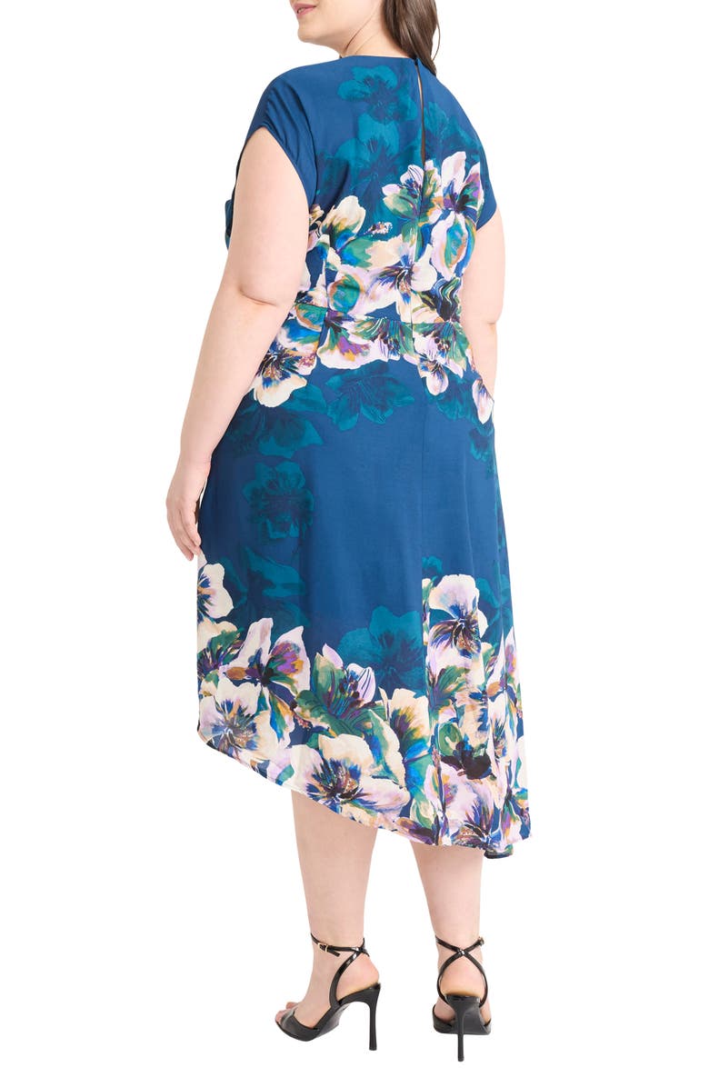 Maggy London Floral Short Sleeve Asymmetric Hem Midi Dress, Alternate, color, Blue/ Lilac