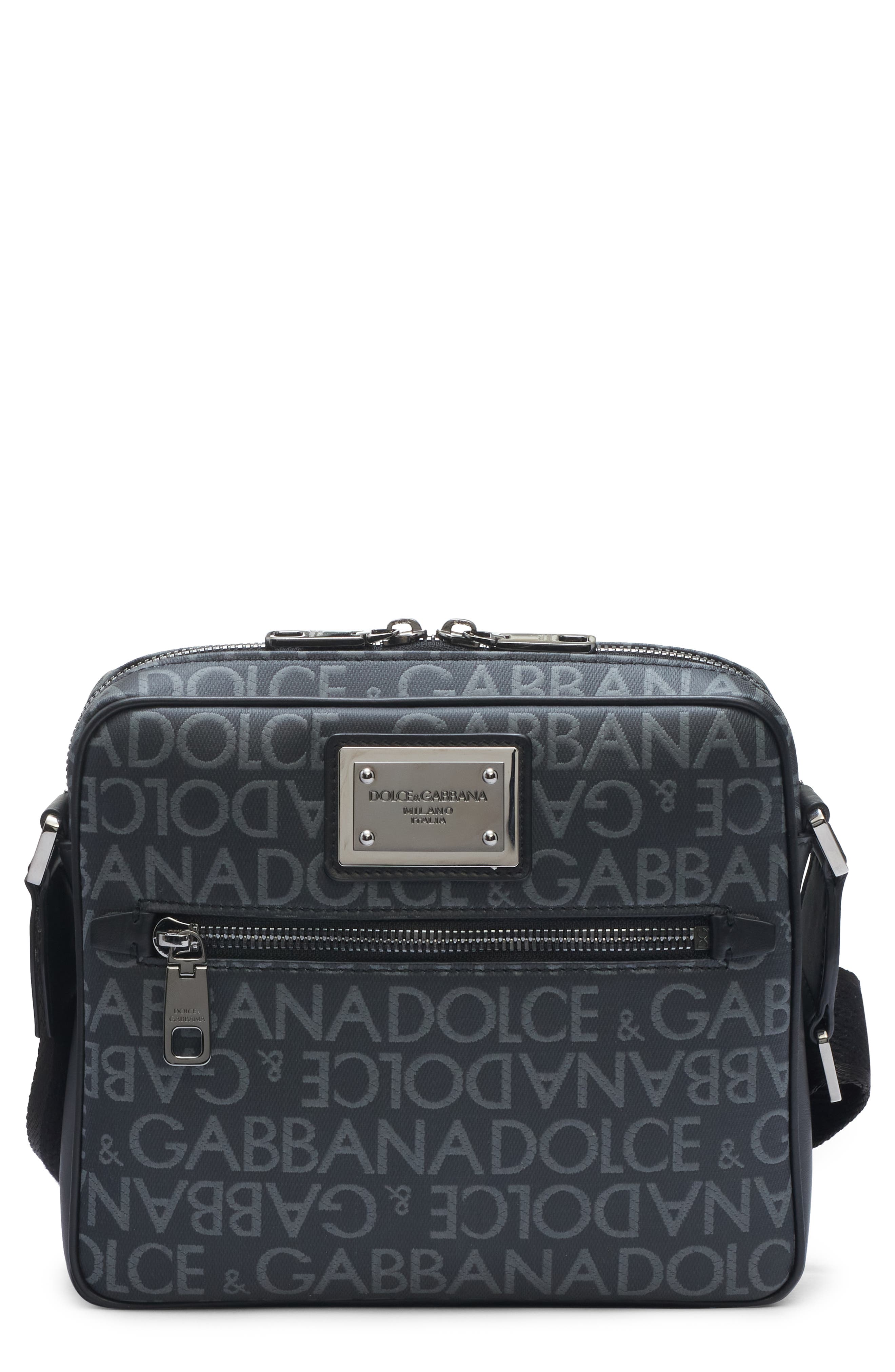Dolce&Gabbana Logo Plaque Logo Jacquard Crossbody Bag, Main, color, Black/ Grey
