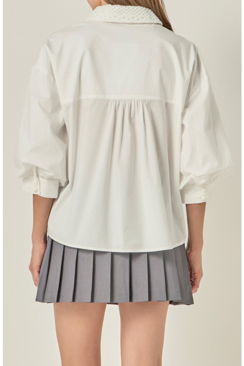 Lace Trim Blouson Sleeve Cotton Button-Up Shirt, Alternate, color, WHITE