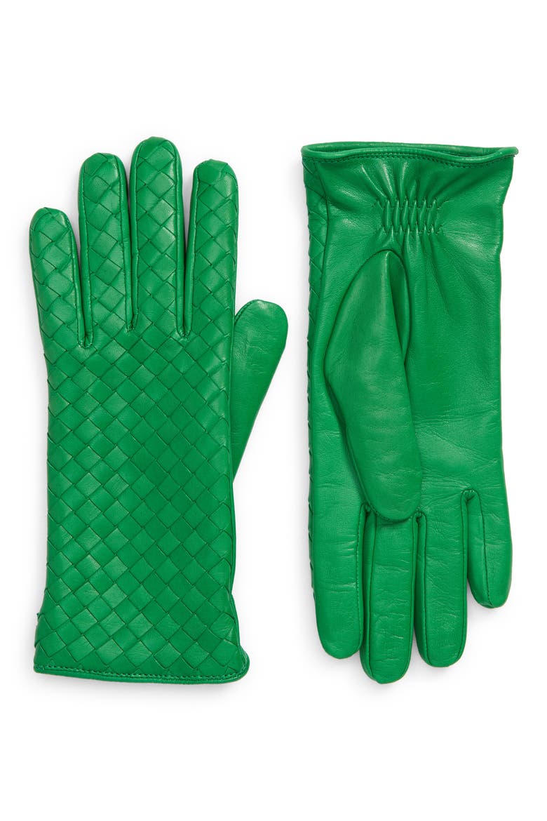 Intrecciato Leather Gloves, Main, color, PARAKEET