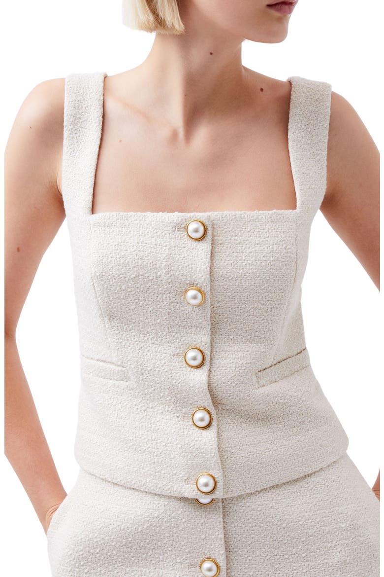 Imitation Pearl Square Neck Tweed Button-Up Top, Main, color, CLASSIC CREAM