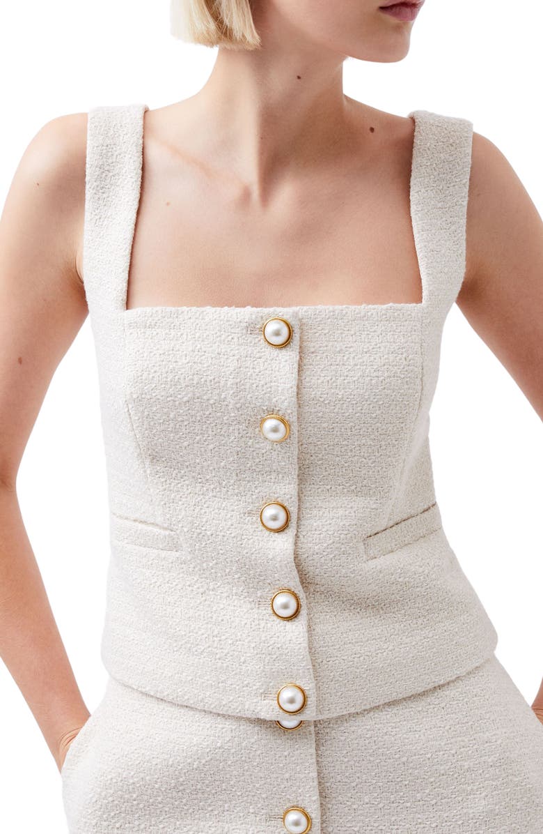 French Connection Imitation Pearl Square Neck Tweed Button-Up Top, Main, color, 