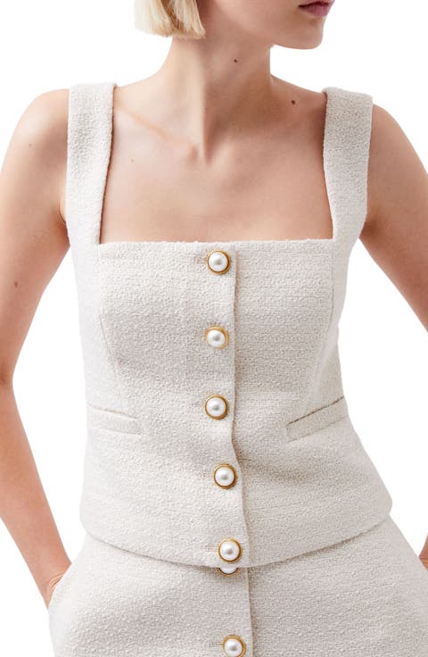 Imitation Pearl Square Neck Tweed Button-Up Top