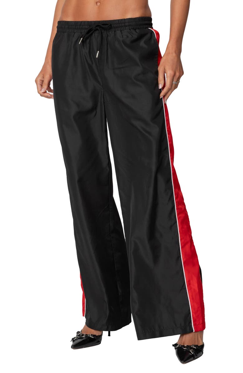 EDIKTED Cameron Contrast Panel Satin Track Pants, Main, color, 