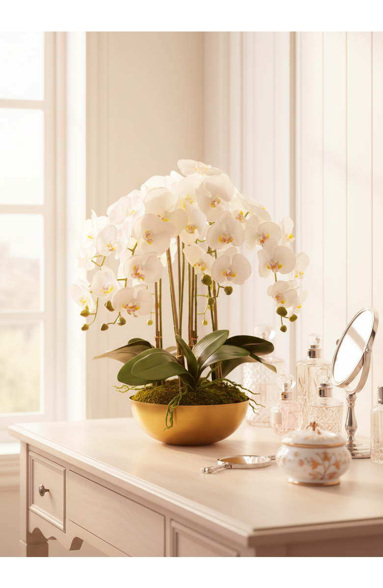CocoBella Abigail RealTouch White Orchid in Gold Bowl, Alternate, color, Gold, White, Green