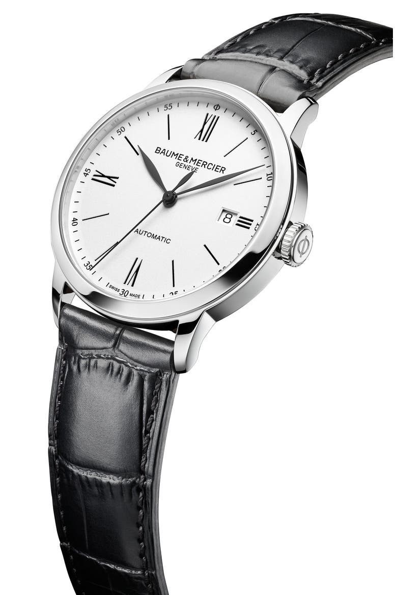 Classima Automatic Leather Strap Watch, 40mm, Alternate, color, SILVER