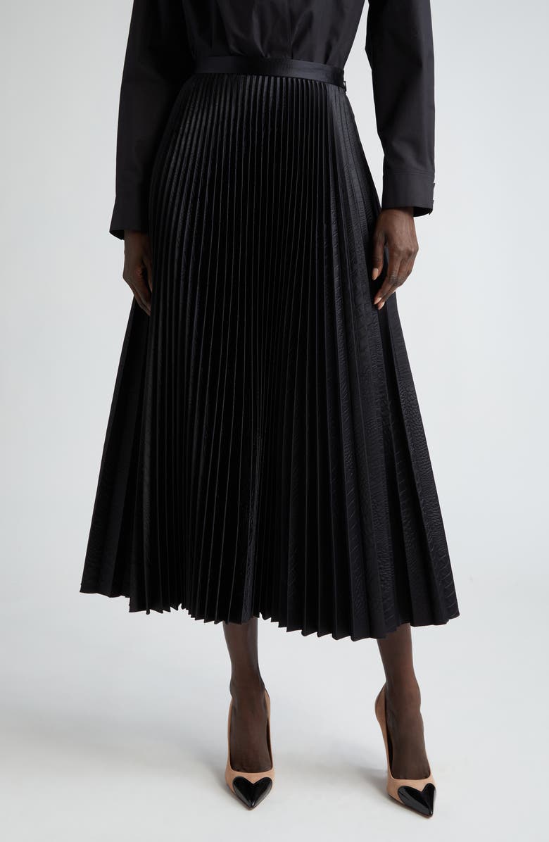 Alaïa Croc Embossed Pleated Faux Leather Midi Skirt, Main, color, 