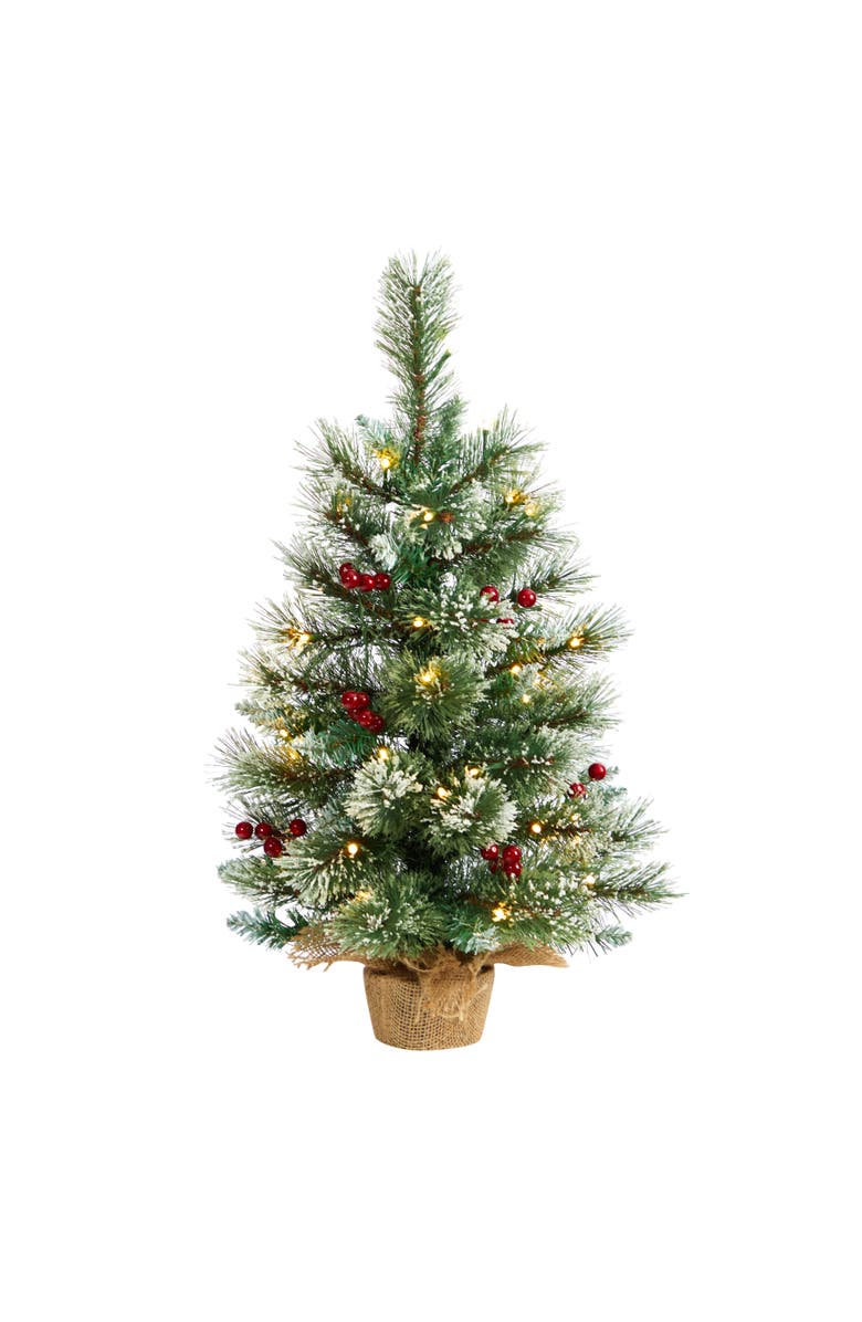 NEARLY NATURAL 2-ft Snow Tipped Pine and Berry Artificial Christmas Tree with 35 Warm White LED Lights in Burlap Base, Main, color, Green