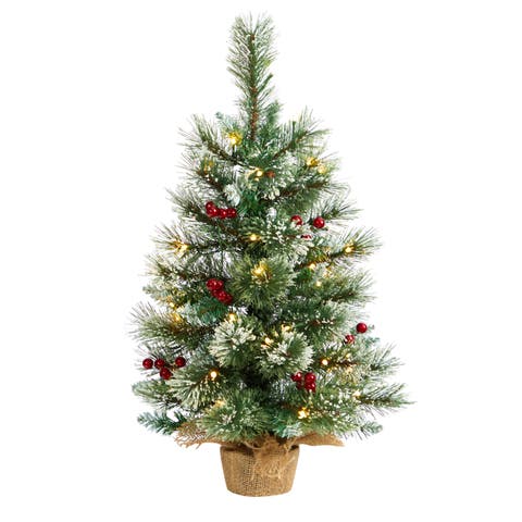 2-ft Snow Tipped Pine and Berry Artificial Christmas Tree with 35 Warm White LED Lights in Burlap Base