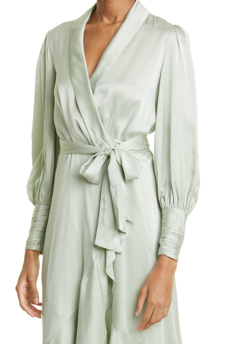 Dancer Asymmetric Ruffle Silk Midi Wrap Dress, Alternate, color, SAGE