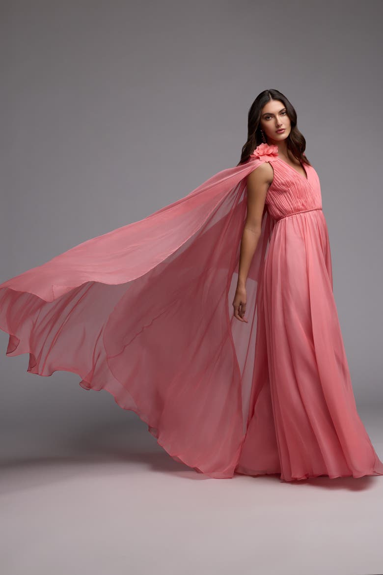 Chiffon V-Neck Cape Sleeve Gown with Floral Shoulder Detail, Alternate, color, Hibiscus